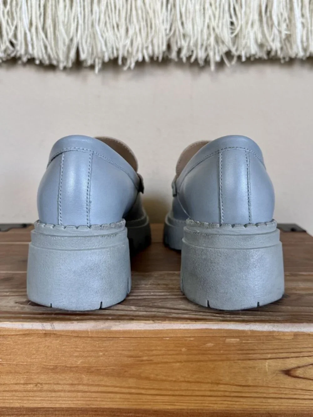 Free People Lyra Dusty Blue Genuine Leather Platform Lug Sole Loafer Size 8/38.5